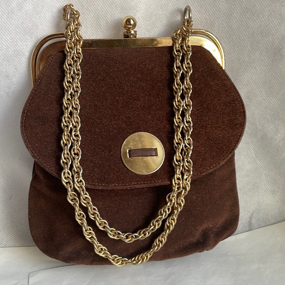 Chic Vintage purse By Triangle NY brown suede gold tone - mod look - Picture 1 of 16